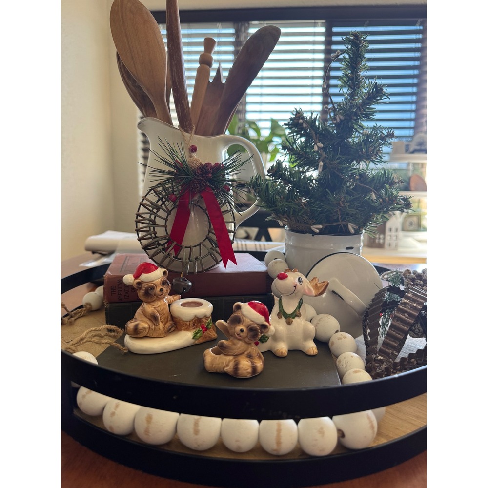 VTG Lund's Lites Christmas Raccoon Santa Hat Reindeer Candle Holder Set Japan